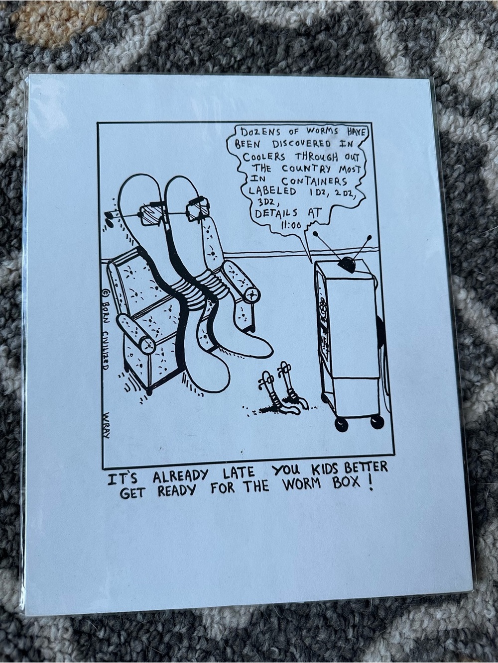 Black & White Cartoon Art Print — 'Worm Box'